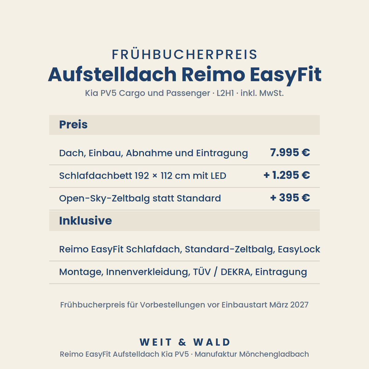 Aufstelldach Kia PV5 nachrüsten: Reimo EasyFit Schlafdach für den Elektro-Camper inkl. Einbau, Einzelabnahme & Eintragung in Mönchengladbach