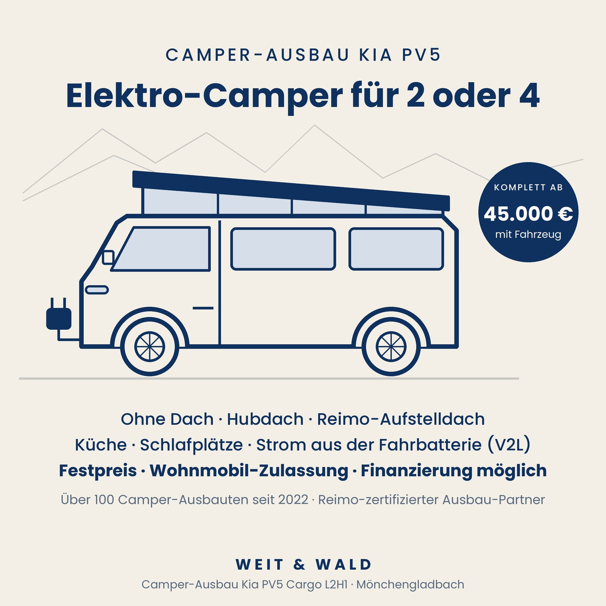 Kia PV5 Camper-Ausbau: Elektro-Camper auf Basis PV5 Cargo L2H1 für 2 oder 4 Personen, mit Küche, Schlafplätzen & V2L, ohne Dach, mit Hubdach oder Reimo-Aufstelldach