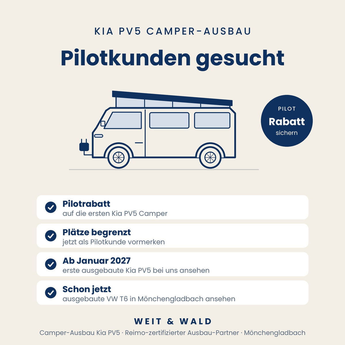 Kia PV5 Camper-Ausbau: Elektro-Camper auf Basis PV5 Cargo L2H1 für 2 oder 4 Personen, mit Küche, Schlafplätzen & V2L, ohne Dach, mit Hubdach oder Reimo-Aufstelldach