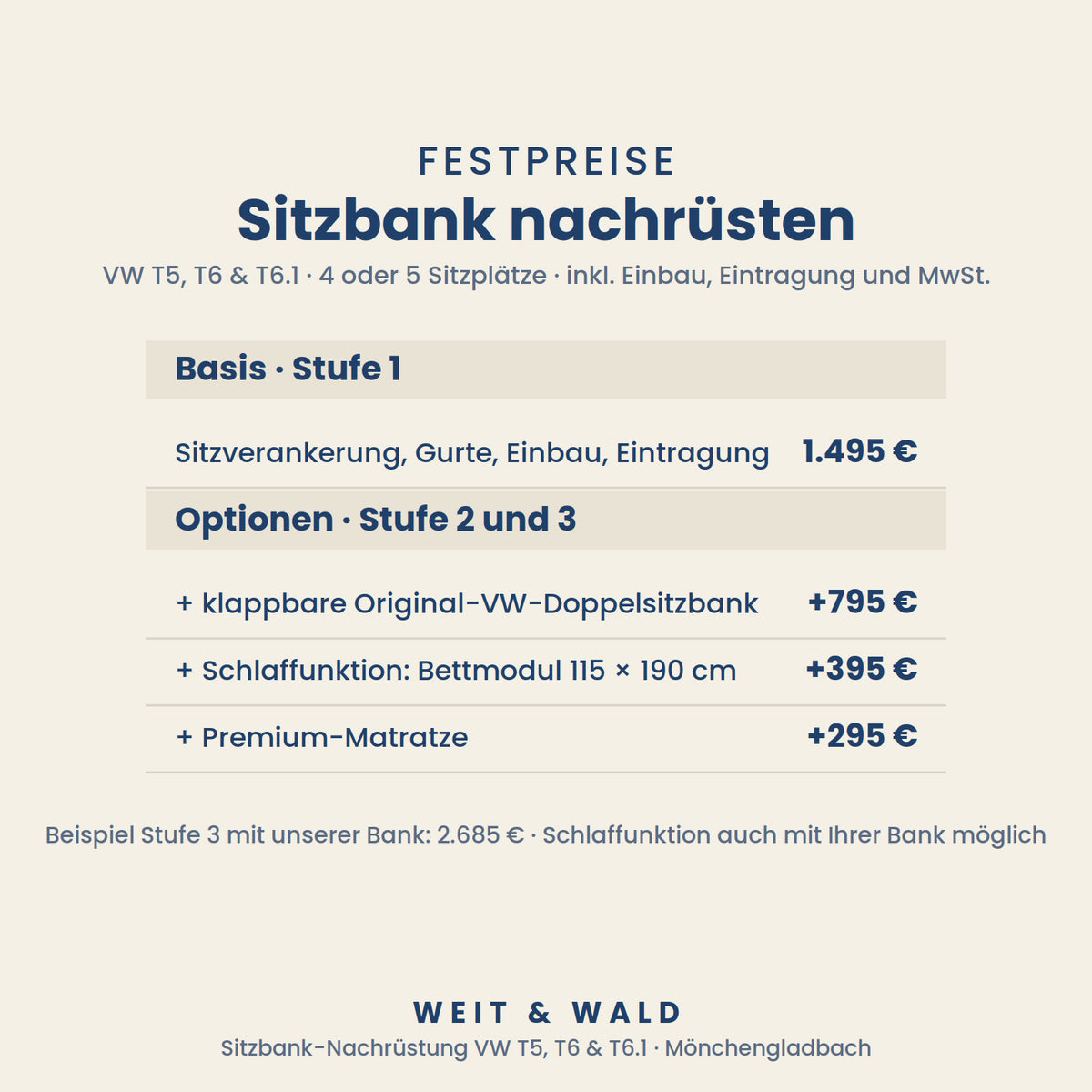 Doppelsitzbank Nachrüstung für VW T5, T6 & T6.1 – 2. Reihe inkl. Sitzverankerung, Gurte & Eintragung, auf Wunsch mit Schlaffunktion, inkl. Montage in Mönchengladbach