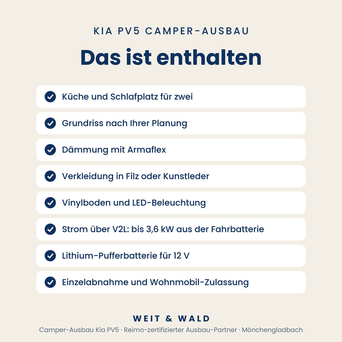 Kia PV5 Camper-Ausbau: Elektro-Camper auf Basis PV5 Cargo L2H1 für 2 oder 4 Personen, mit Küche, Schlafplätzen & V2L, ohne Dach, mit Hubdach oder Reimo-Aufstelldach