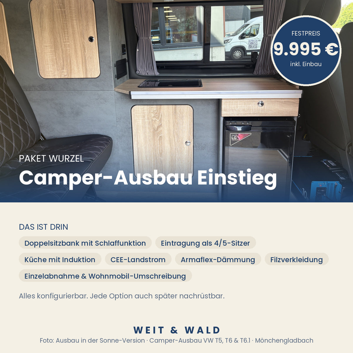 Camper-Ausbau Paket Wurzel für VW T5, T6 & T6.1 – Einstieg mit Sitzbank, Schlaffunktion, Küche & Eintragung, inkl. Montage in Mönchengladbach